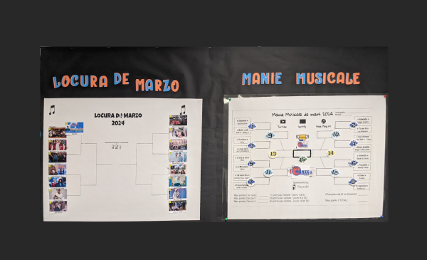 Spanish and French classes track winning songs on the March Madness bulletin board.